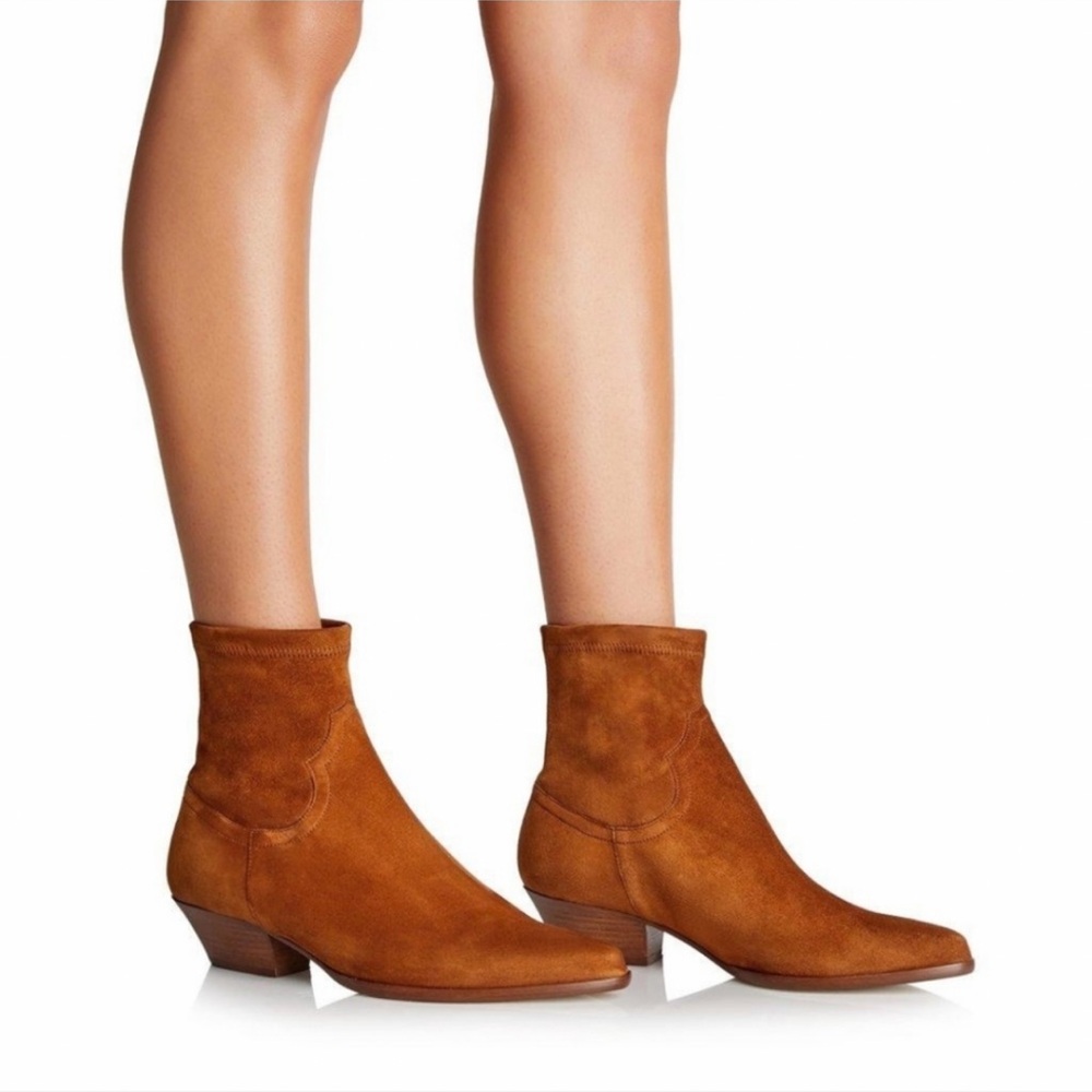 Tamara Mellon Go West Suede Stretch Ankle Bootie Boots Chestnut Brown size 38